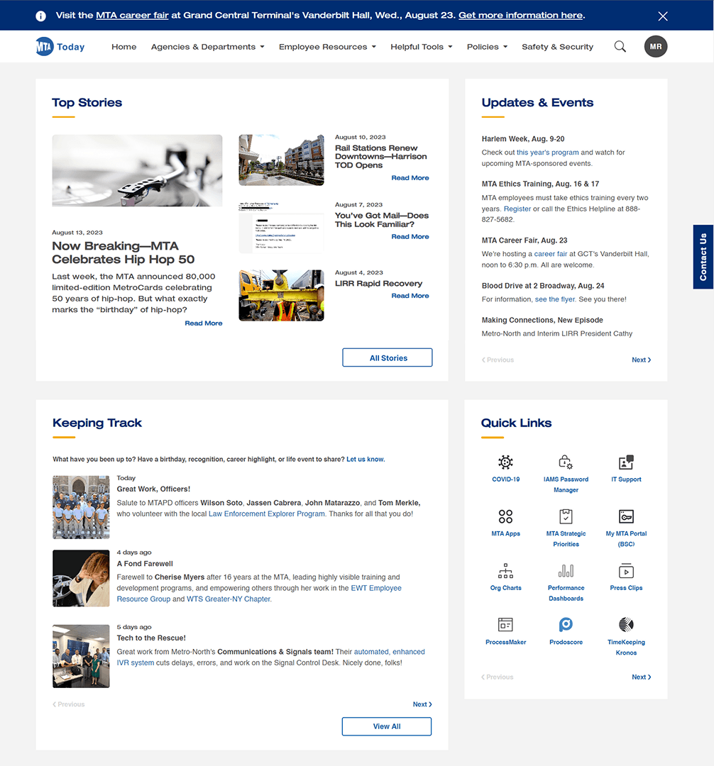 Final launched MTA intranet homepage
