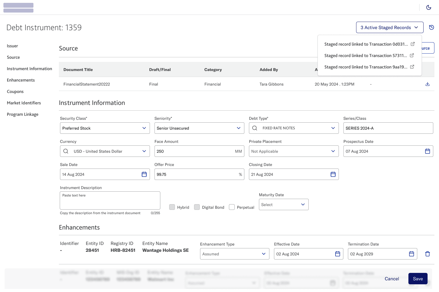 Instrument debt record in live/canonical editing mode