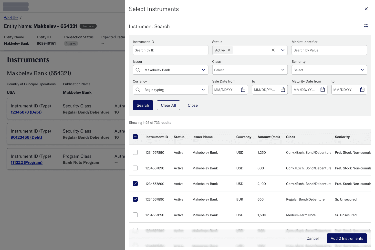 Instrument search surface embedded in a host system via iframe, showing prefilled search criteria and bulk selection