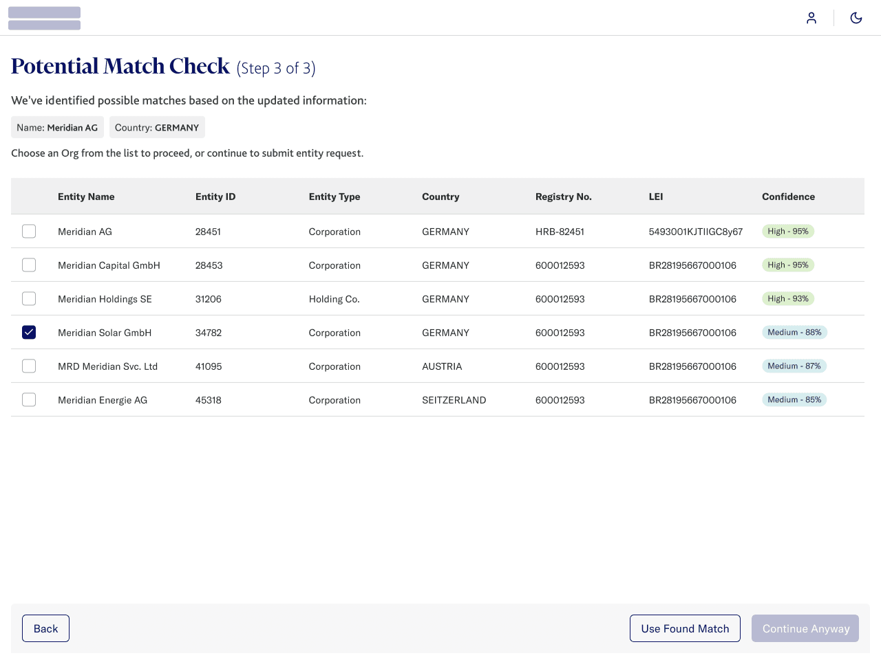 Potential match check screen showing semantic matches ranked by confidence score before entity submission